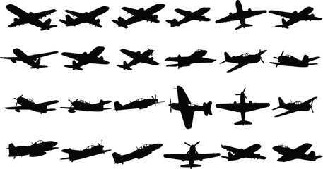 Aircraft silhouette illustration set, airplane vector, aviation design, black icons, flight models, propeller and jet styles, grid layout
