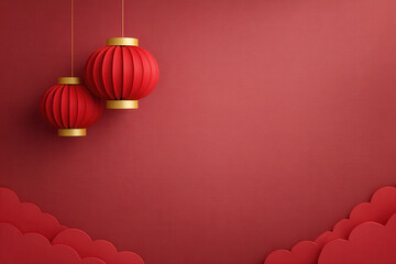 Red lantern gold accent hanging festive traditional Asian celebration decoration background minimal design. Red lanterns with gold accents hang against red background with cloud patterns creating