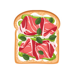 This appetizing flat design illustration features a slice of toasted bread generously layered with cream cheese, green pesto swirls, savory folded prosciutto, and fresh basil leaves for a tasty snack
