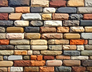 Fototapeta premium Colorful brick wall texture showcasing various stone shades & patterns in a stacked arrangement