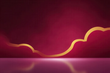 Abstract background with gold wavy line, red gradient wall, and glossy reflective floor, creating luxurious and elegant atmosphere for festive or celebratory design