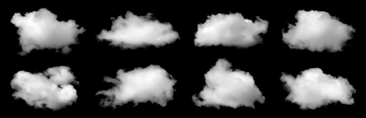 Realistic isolated cloud shapes on a clean black background, perfect for sky replacement, graphic design, visual effects, and digital projects requiring soft, natural, and high-quality atmospheric