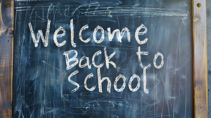 Welcome back to school message written in white chalk on a dark chalkboard with a wooden frame around it
