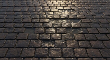 Wet cobblestone ground puddles reflect light dark stones