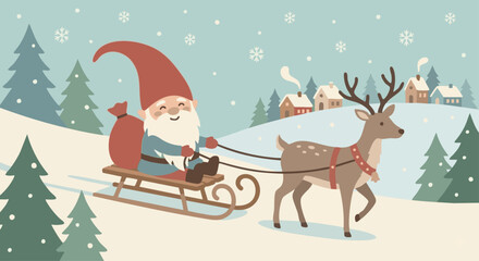 Gnome Sleigh Ride
Flat vector drawing of a Christmas gnome riding a wooden sleigh, snow falling around, playful winter theme, soft color palette, minimalistic and charming style for seasonal 