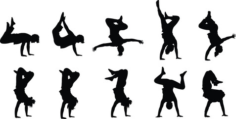 Breakdancer silhouette illustration set, acrobatic poses, black vector, street dance, hip hop movement, athletic artwork, urban design