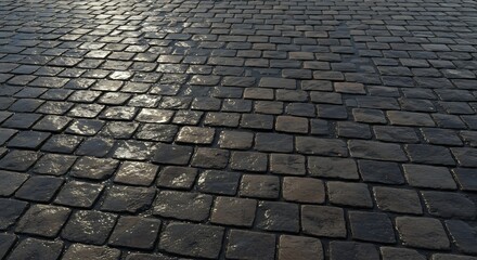 Wet dark cobblestone pavement viewed from a low angle