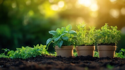 Fresh Potted Herbs Growing in Sunlight