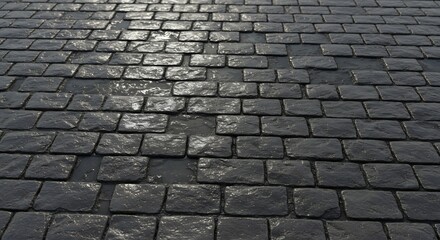 Wet gray stone paving is laid out in a bricklike pattern reflecting light
