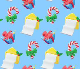 A seamless pattern of 3D vector illustrations with Christmas and New Year themes. The pattern features a striped candy cane with a bow, a Christmas berry, a letter for Santa, and a gift with a red bow