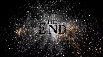 THE END" Cinematic Title on Cosmic Galaxy and Starfield Background