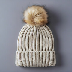Cream cable knit beanie with fluffy pompom.