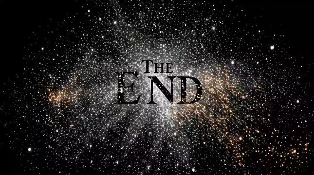 THE END" Cinematic Title on Cosmic Galaxy and Starfield Background