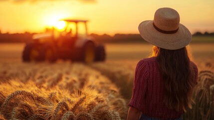 Farmer Woman in Wheat Field at Sunset with Tractor