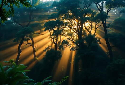 Misty rainforest dawn, sunlight filtering through dense canopy, green, sunlight