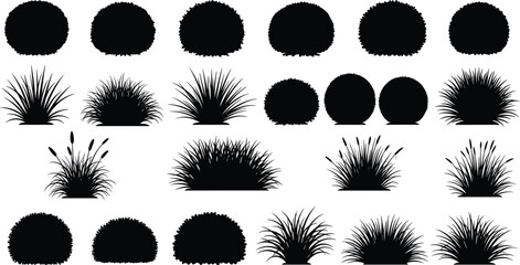 Bush and shrub silhouette illustration set, plant shapes, black vector, landscaping design, garden element, foliage artwork, nature icon