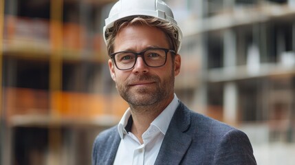 Confident Architect in Hard Hat at Construction Site