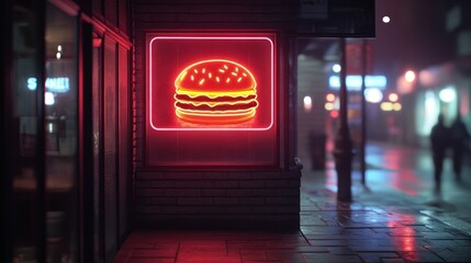 Neon Burger Sign Illuminates Rainy Night Street