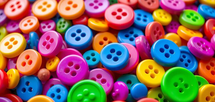 Vibrant colored buttons in various shapes and sizes, close-up shot, white, red