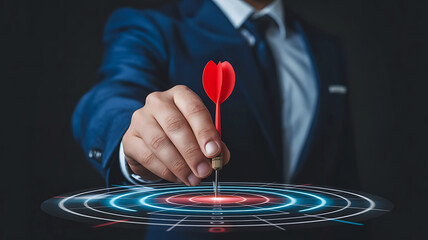 Fototapeta premium Business strategy concept with a suited businessman holding a dart and aiming at the center target
