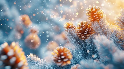 Frosted Pine Cones and Fir Branches with Falling Snow