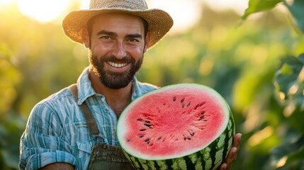 Happy Farmer Holding Freshly Harvested Watermelon in Field