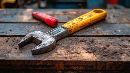 Rusty Wrench and Red Tool on Wooden Surface