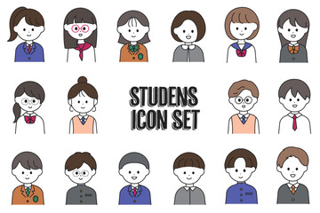 さまざまな制服の中学生・高校生の上半身アイコンセット