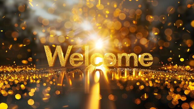 Welcome text in golden color with bokeh lights and a bright light shining from the background