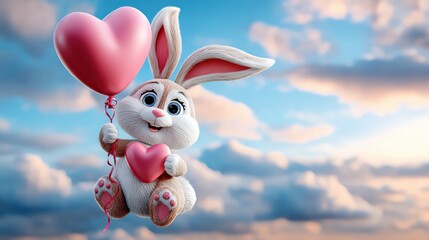 A cheerful bunny holds a heart-shaped balloon against a beautiful sky, symbolizing joy and love.