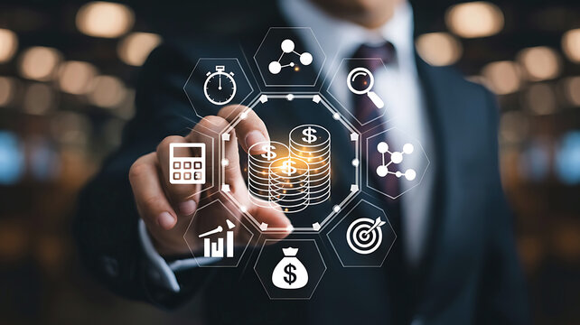 Businessman touching virtual screen displaying financial and business management icons with technology concept for investment and future success