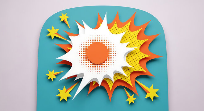 Explosive comic book style burst with starbursts and halftone dots on a teal background