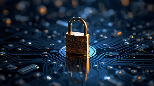 Digital Security with Golden Padlock on Circuit Board Cybersecurity Protection and Encryption Concept