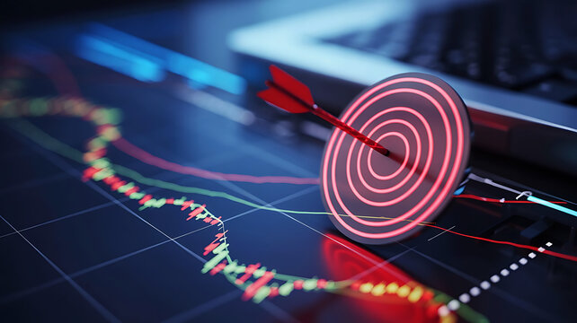 Financial target achieved with arrow hitting bulls eye on stock market chart backdrop