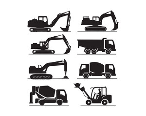 construction vehicles silhouette, construction vector set, heavy vehicles silhouette, excavator silhouette, bulldozer silhouette, crane silhouette, dump truck silhouette, loader silhouette,