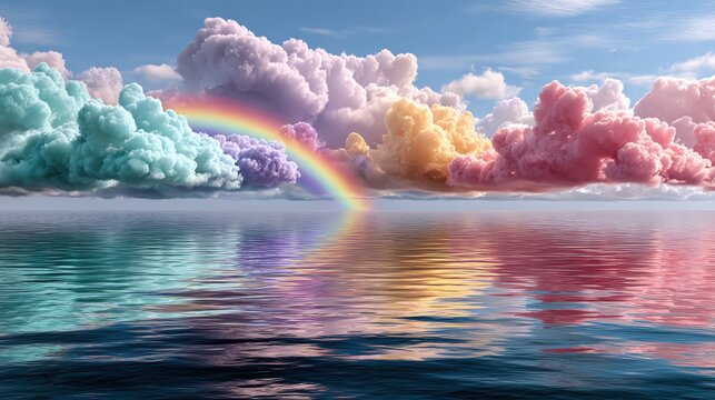 A serene landscape showcasing vibrant clouds and a rainbow reflecting on calm waters, evoking tranquility and beauty.