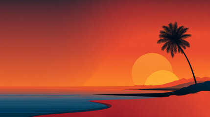 Fototapeta premium Sunset tropical beach palm silhouette ocean horizon serene twilight orange hues paint calm tropical beach with lone palm silhouette and gentle