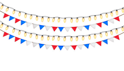 Three rows of festive yellow light bulbs and red, white, and blue pennant banner flags hanging against a transparent background for celebration