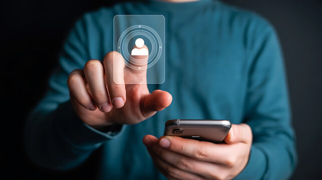 Man touching user icon on mobile phone screen for online communication and connectivity - Powered by Adobe