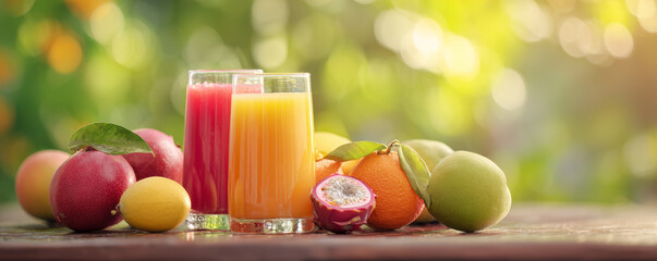 Fresh juice orange juice fruit juice citrus tropical summer glass wooden table garden sunlight refreshment