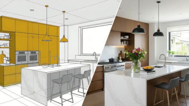 A kitchen design concept showcasing a modern interior with a blend of sketch and realistic rendering