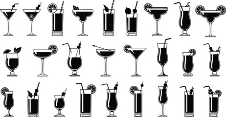 Cocktail glass illustration set, drink vector, black and white design, garnish styles, bar icon, beverage artwork, party theme