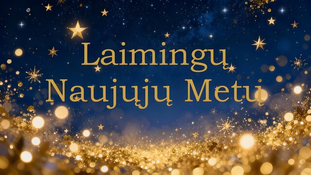 An elegant "Laimingų Naujųjų Metų" greeting in gold with sparkling effects, perfect for celebrating the New Year with elegance and joy.