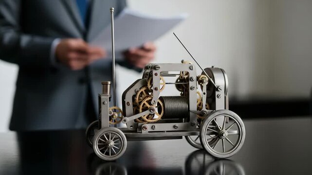 Closeup of a vintage clockwork car model with intricate gears and wheels on a reflective surface