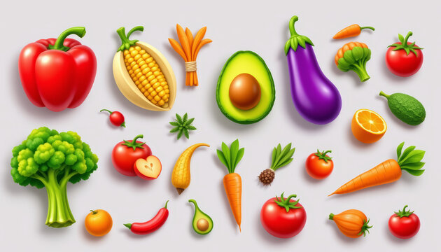 Fresh vegetable fruit assortment, colorful pepper tomato avocado eggplant corn carrot broccoli, healthy food pattern light background