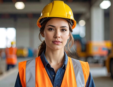 A focused woman in safety gear, indoors. She wears a yellow hard hat and orange vest, looking directly at the viewer with a composed expression