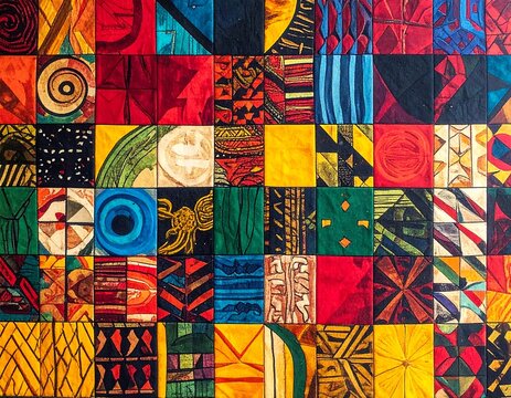 Colorful abstract patchwork design with many small painted square patterns - Powered by Adobe