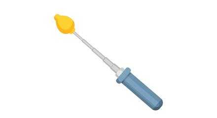 Close up of a yellow cotton swab with a blue handle on a white background