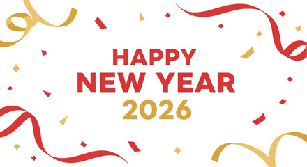 Celebrate 2026 New Year's Eve with festive red and gold confetti party decorations for social media posts and invitations, spreading holiday cheer