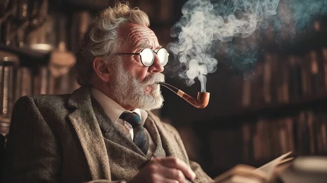 A senior academic professor smokes a pipe while reading.  Superior quality